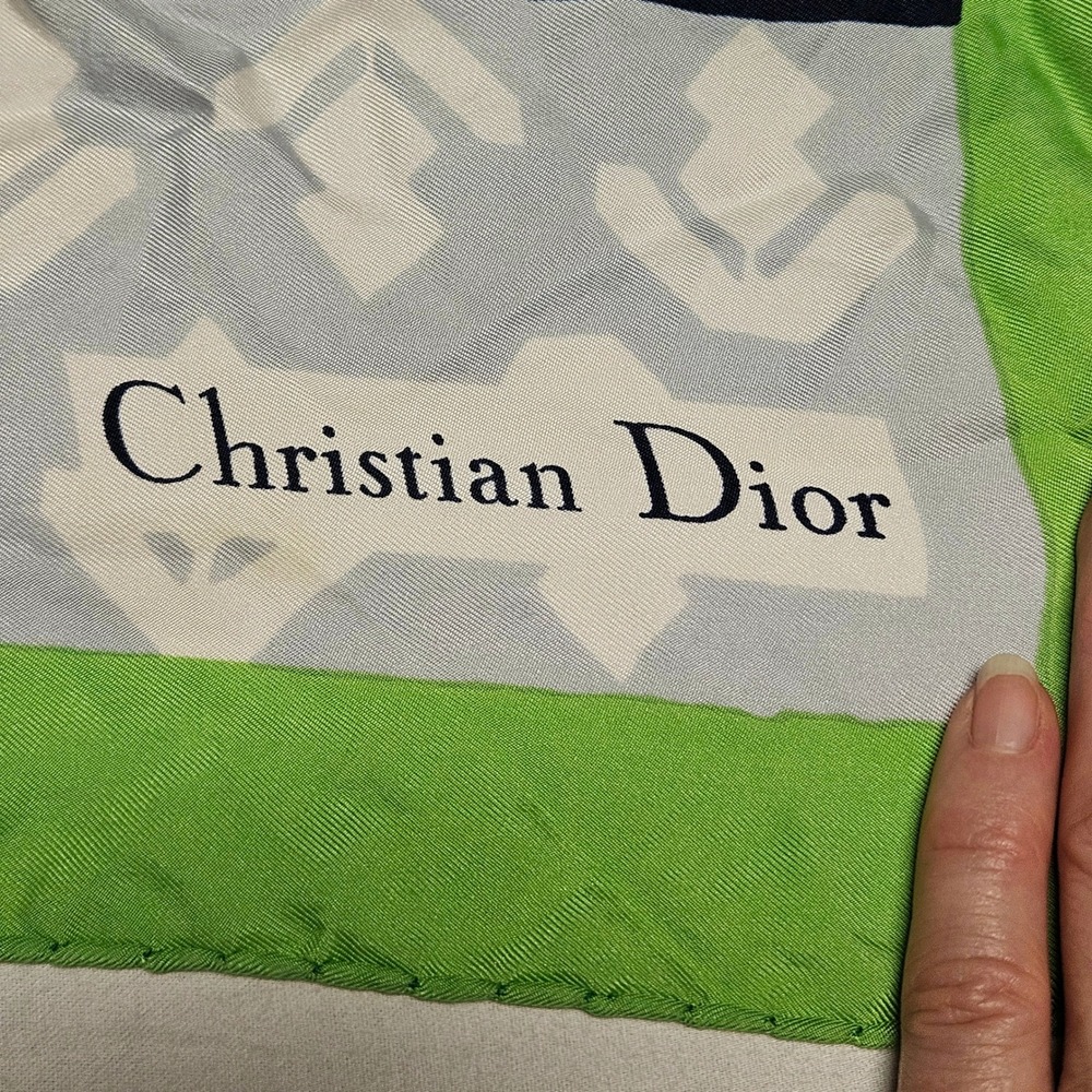 Christian Dior circa 1970 Silk Scarf  Green Blue Geometric Abstract Square. EUC.